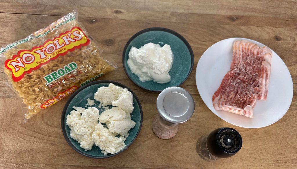 bacon, cottage cheese, sour cream, pasta