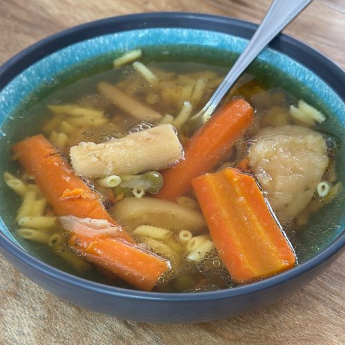 Vegetables and soup in a bowl