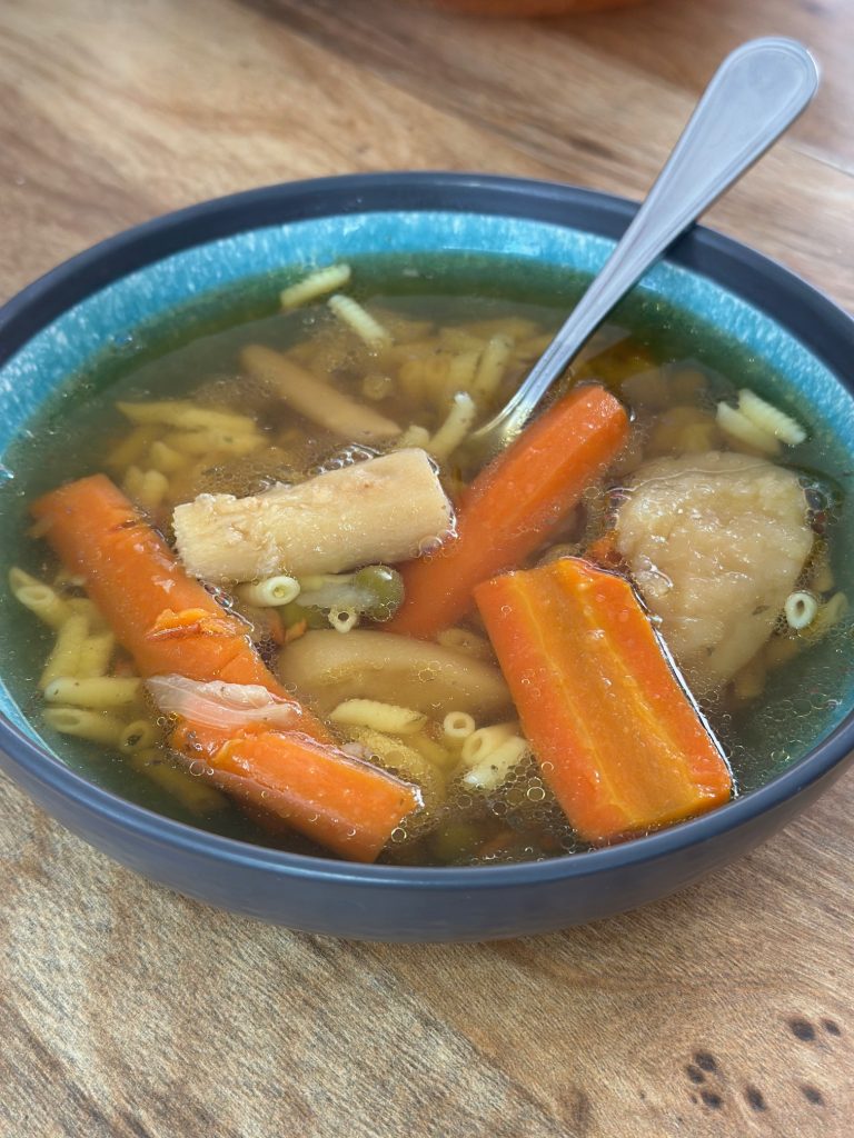 Vegetables and soup in a bowl